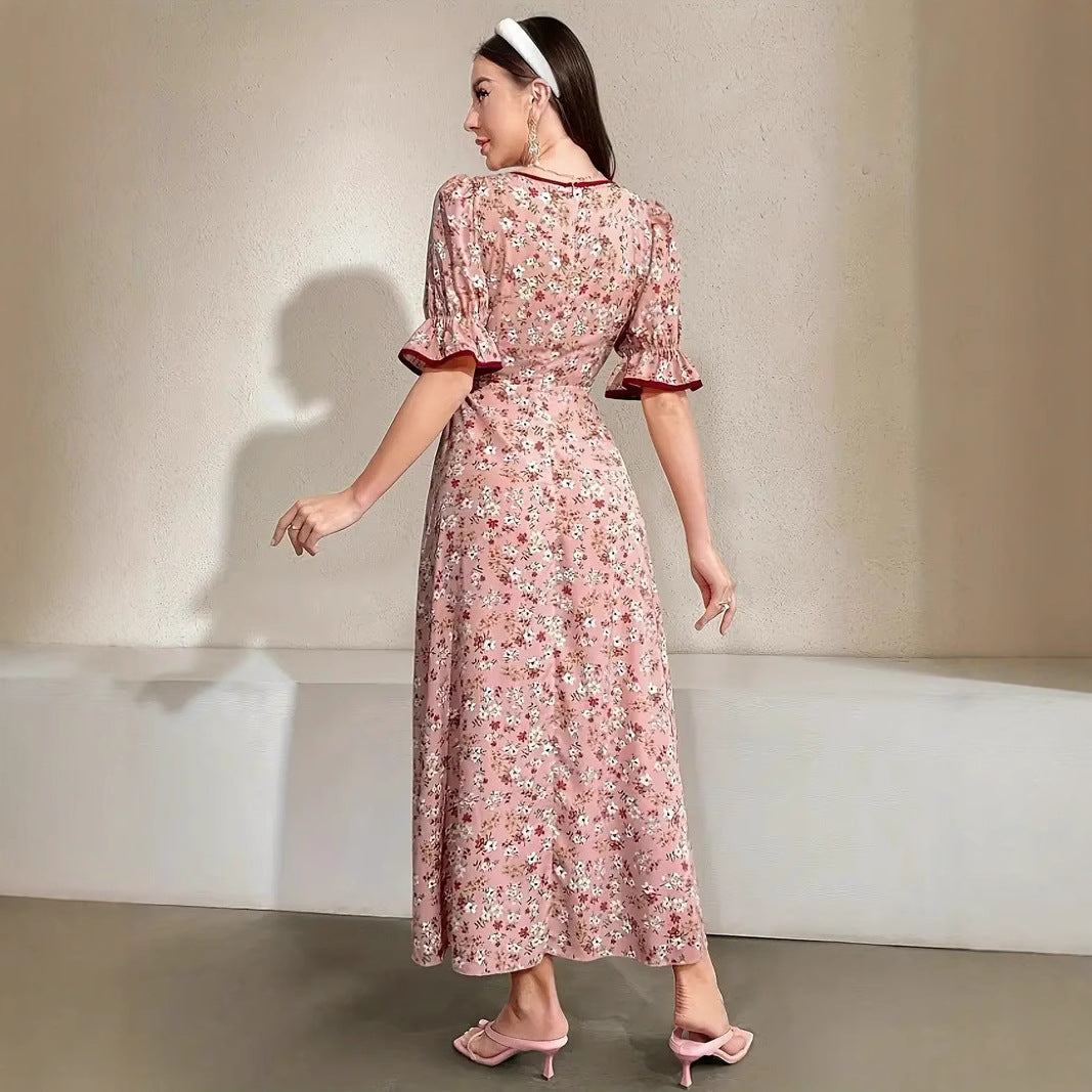Ditsy Floral Square Neck Puff Sleeve Button Placket Contrast Trim Maxi Dress