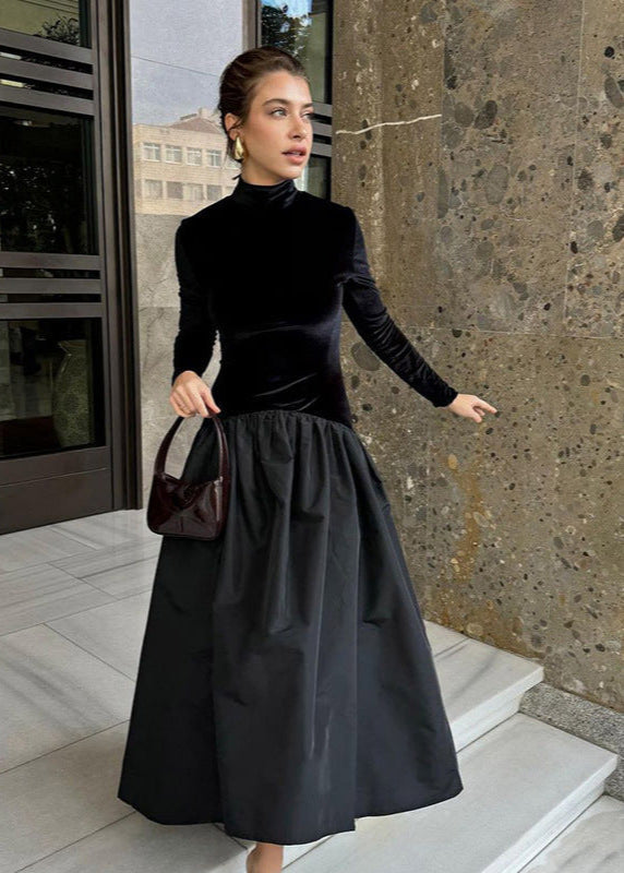 Turtleneck Long Sleeve Velvet Top and Gathered Taffeta Midi Skirt Set