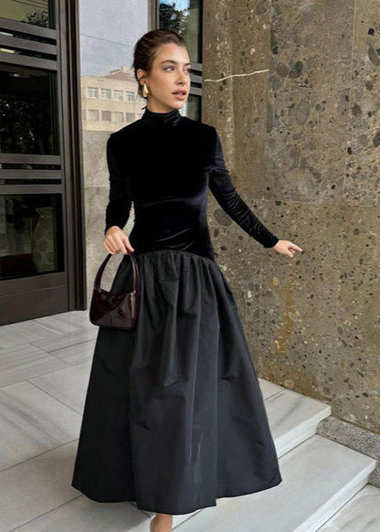 Turtleneck Long Sleeve Velvet Top and Gathered Taffeta Midi Skirt Set