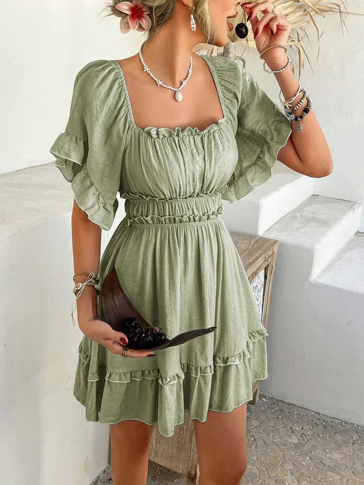 Green Ruffle Ruched Mini Dress Short Frilly