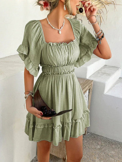 Green Ruffle Ruched Mini Dress Short Frilly