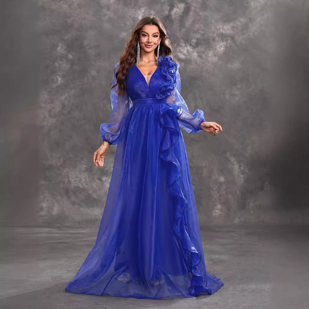 Prom Evening Dress V Neck Long Sleeve Three Dimensional Flounce Decorative Elegant Dress
