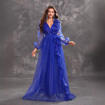 Prom Evening Dress V Neck Long Sleeve Three Dimensional Flounce Decorative Elegant Dress