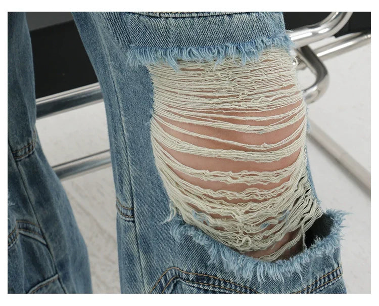 Vintage Distressed And Dirt-Dyed Patchwork Wide-Leg Jeans