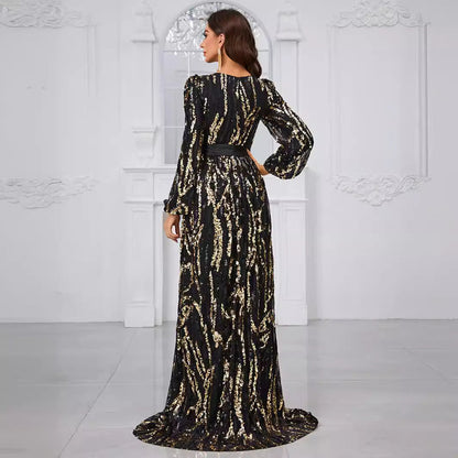 Prom Evening Dress Sequined Lace up Random Printed V neck Long Sleeve Light Luxury Party Evening Dress