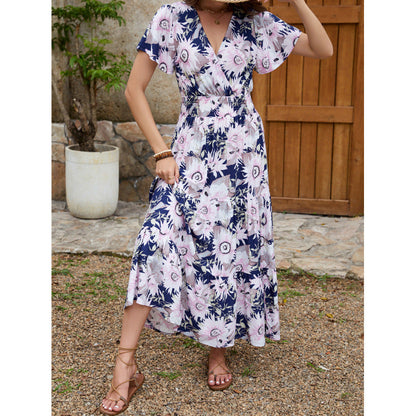 Sunflower Floral Print V-Neck Smocked Waist Flutter Sleeve Tiered Maxi Dress
