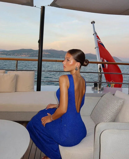 Royal Blue Backless Mermaid Knit Gown Dress