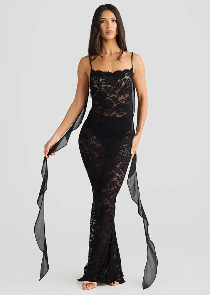 Lace Spaghetti Strap Scalloped Neck Streamer Back Bodycon Maxi Dress