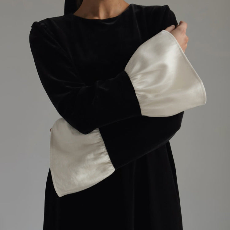 Korean Velvet French Stitching round Neck Flared Sleeves Dress Loose