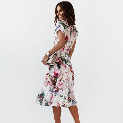 Large Floral Print Button Front Tie Waist Shirt Midi Dress