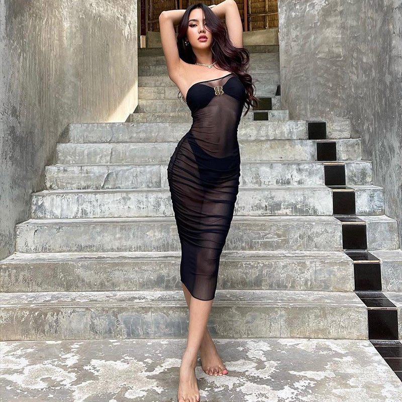 Mesh See through One Shoulder Sleeveless Dress