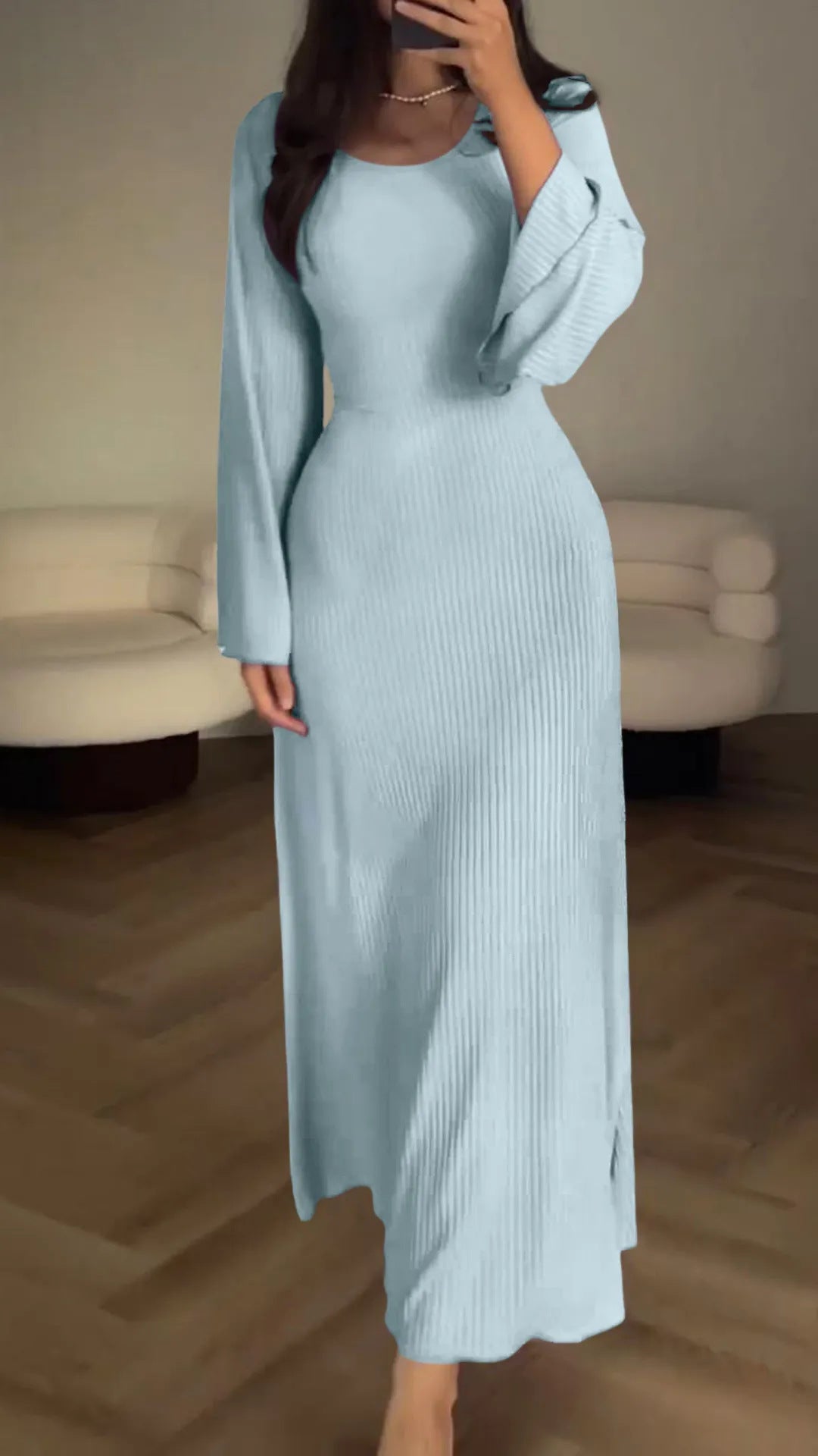 Rib Knit Scoop Neck Long Sleeve Bell Cuff Bodycon Maxi Dress