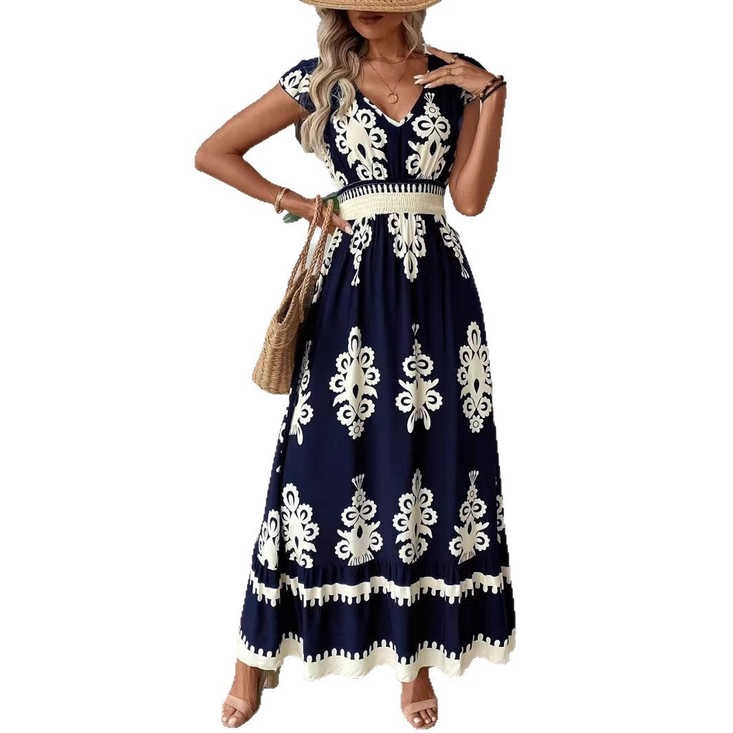 Ornamental Print V-Neck Cap Sleeve Smocked Waist Tiered Hem Boho Maxi Dress