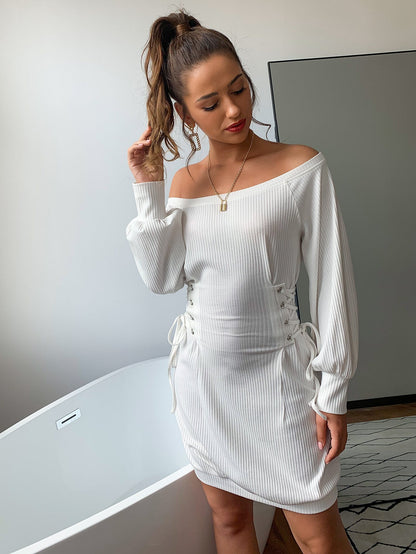 Dress off Shoulder Waist Belt Puff Sleeve Knitted Office Dress