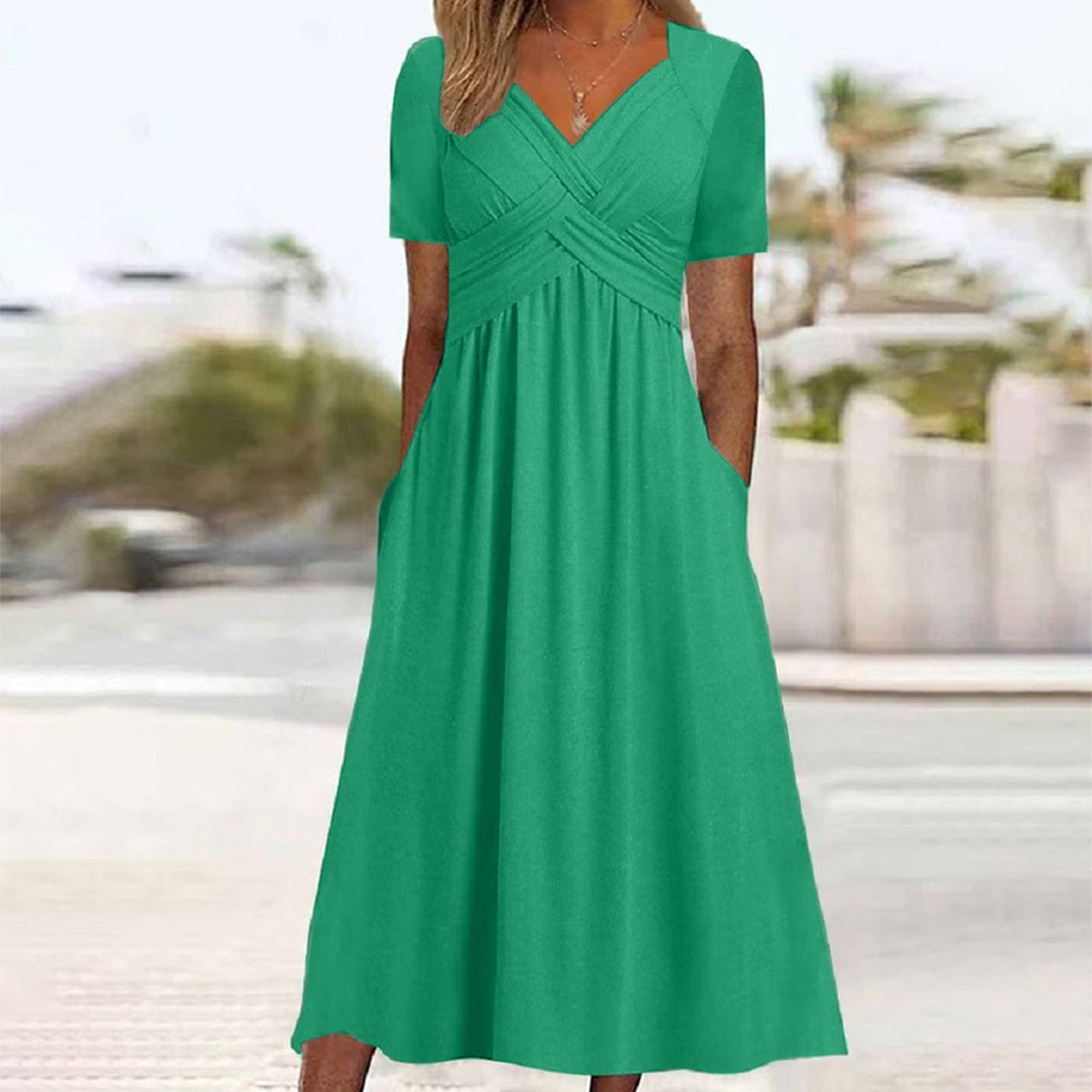 Crossover V-Neck Empire Waist Pocket A-Line Maxi Dress