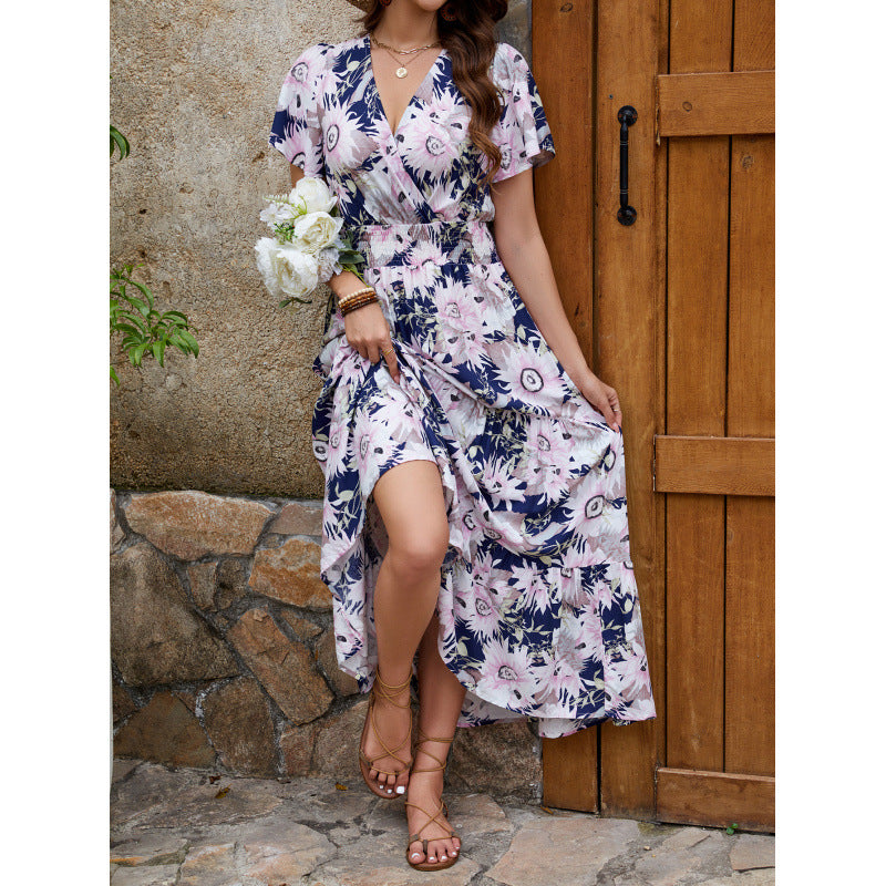 Sunflower Floral Print V-Neck Smocked Waist Flutter Sleeve Tiered Maxi Dress