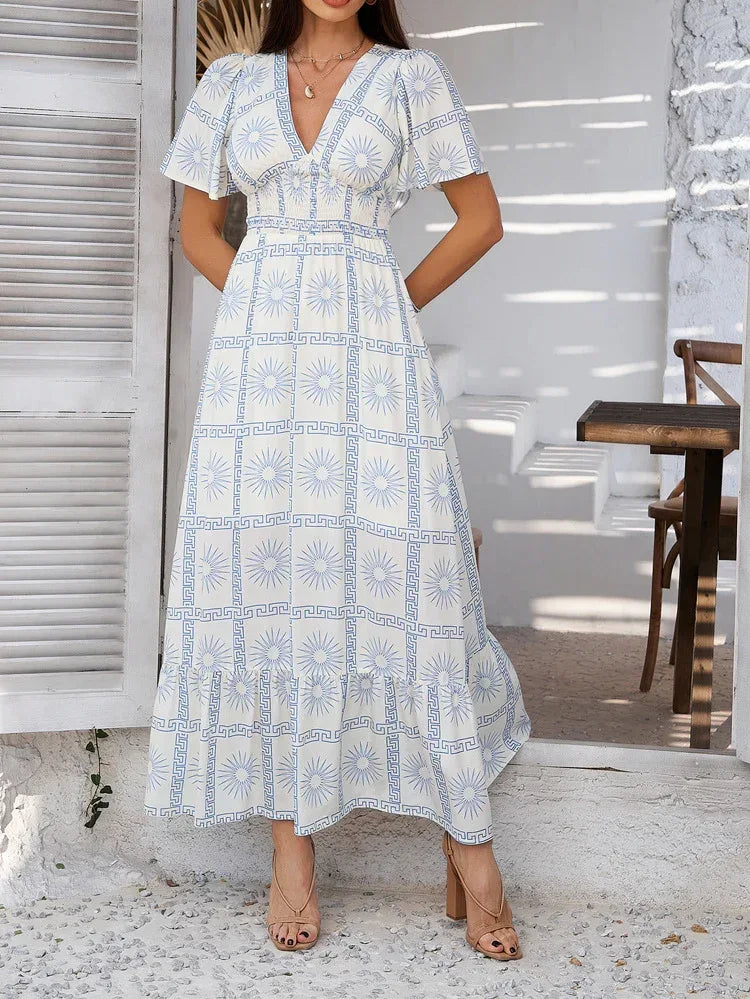 White Floral Maxi Dress With Blue Sun Pattern