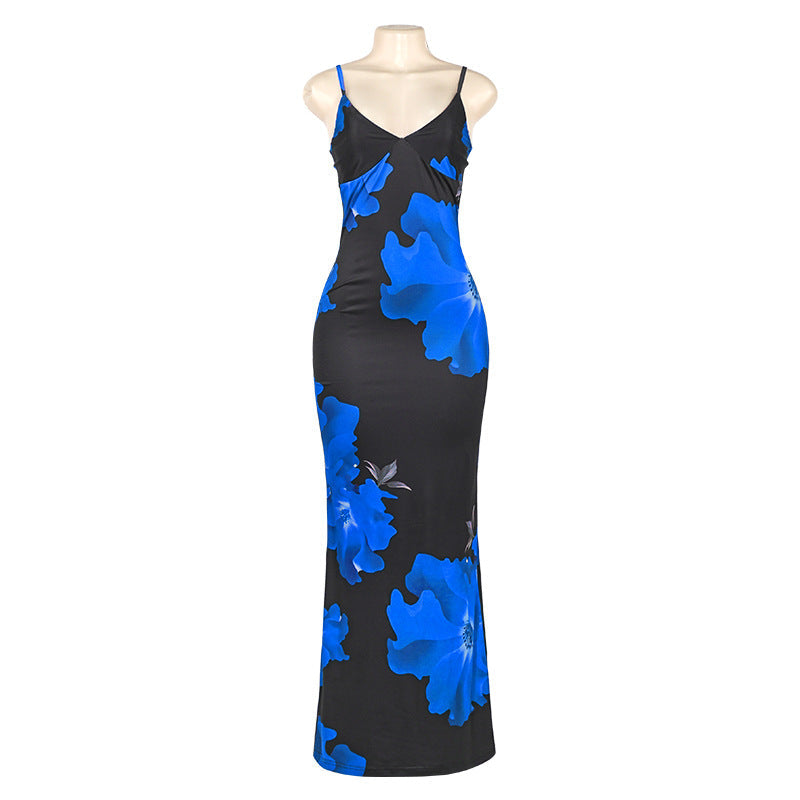 Large-Scale Floral Print Spaghetti Strap Bodycon Maxi Dress