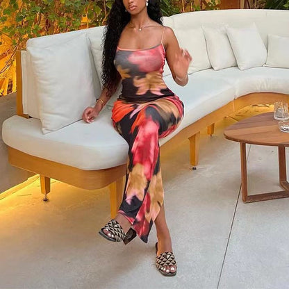Abstract Watercolor Print Spaghetti Strap Scoop Neck Bodycon Maxi Dress