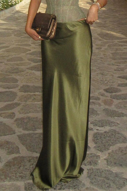 In A Fairytale Lace Satin Mid Rise Drape Maxi Skirt