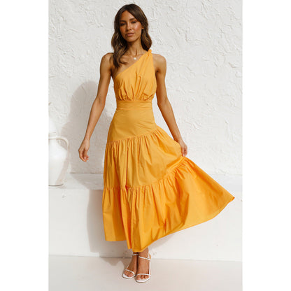 One-Shoulder Knotted Solid Color Fresh Long Sweet Dress