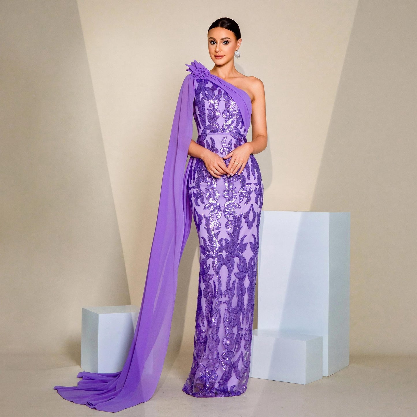 High Class Elegant Long Sleeve Diagonal Collar Ribbon Cocktail Sheath Sequined Evening Dress Dress
