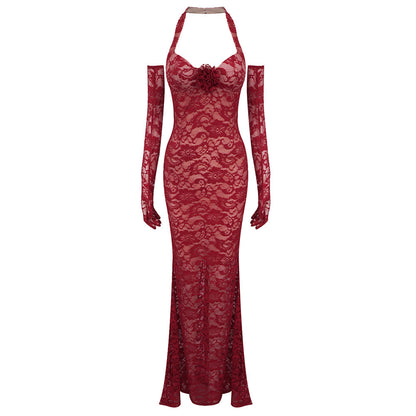 Halterneck with Suspenders Slim Fit Lace Mesh Dress Maxi Dress Evening Dress