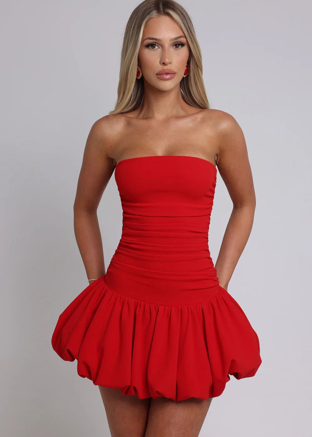 Strapless Ruched Bodice Drop Waist Bubble Hem Pocket Mini Dress
