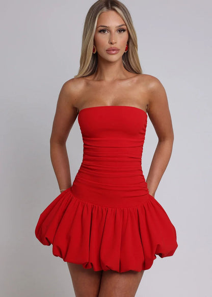 Strapless Ruched Bodice Drop Waist Bubble Hem Pocket Mini Dress