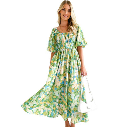 Arrival Printed Square Collar Short Sleeve Waist Controlled Large Swing Dress for