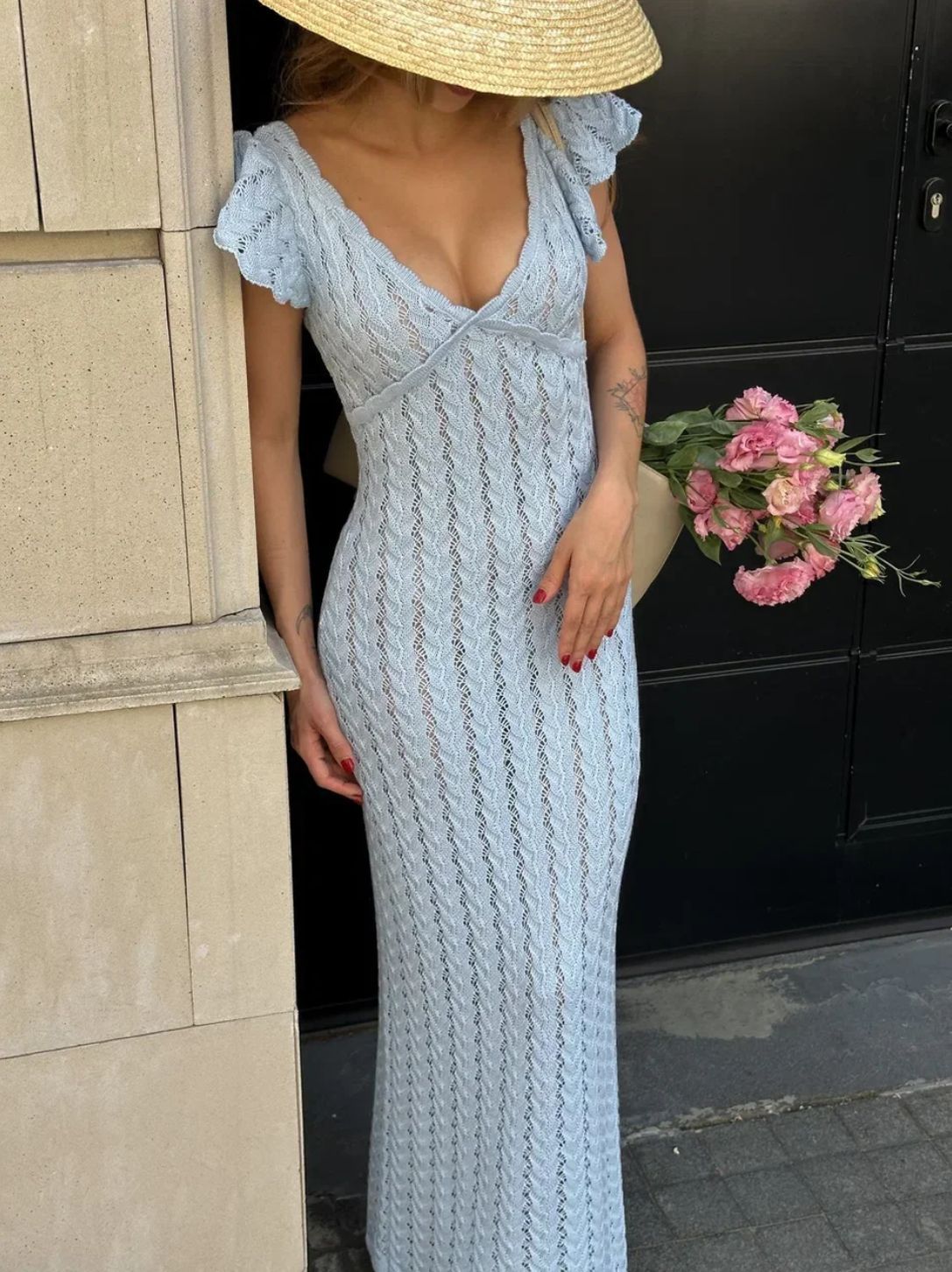 | Ruffle V Neck Knit Maxi Dress