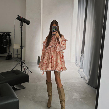 Printed Dress Flared Sleeves Lace up