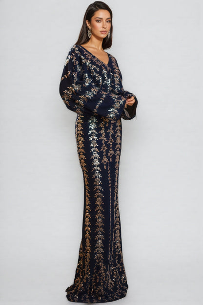 Mereke V-Neck Hip Wrap Sequin Maxi Dress