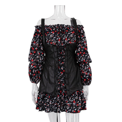 Long Sleeve Floral Dress with Vest Waist Tight Slimming A line Dress