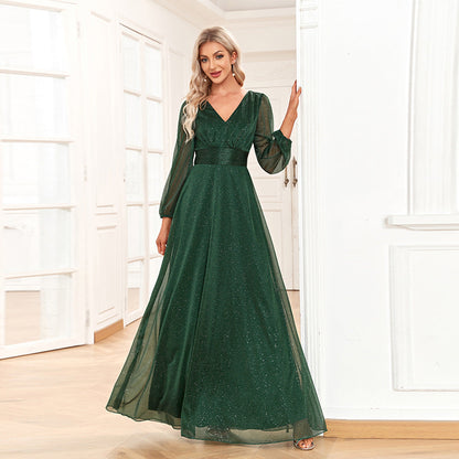 Elegant V Neck Shiny Chiffon Evening Dress A line Sheer Long Sleeve Wedding Party Dress Bridesmaid