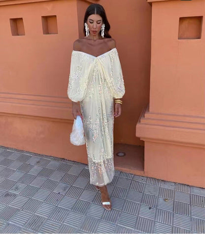 Off Shoulder Balloon Sleeve Sequin Deep V-Neck Maxi Dress