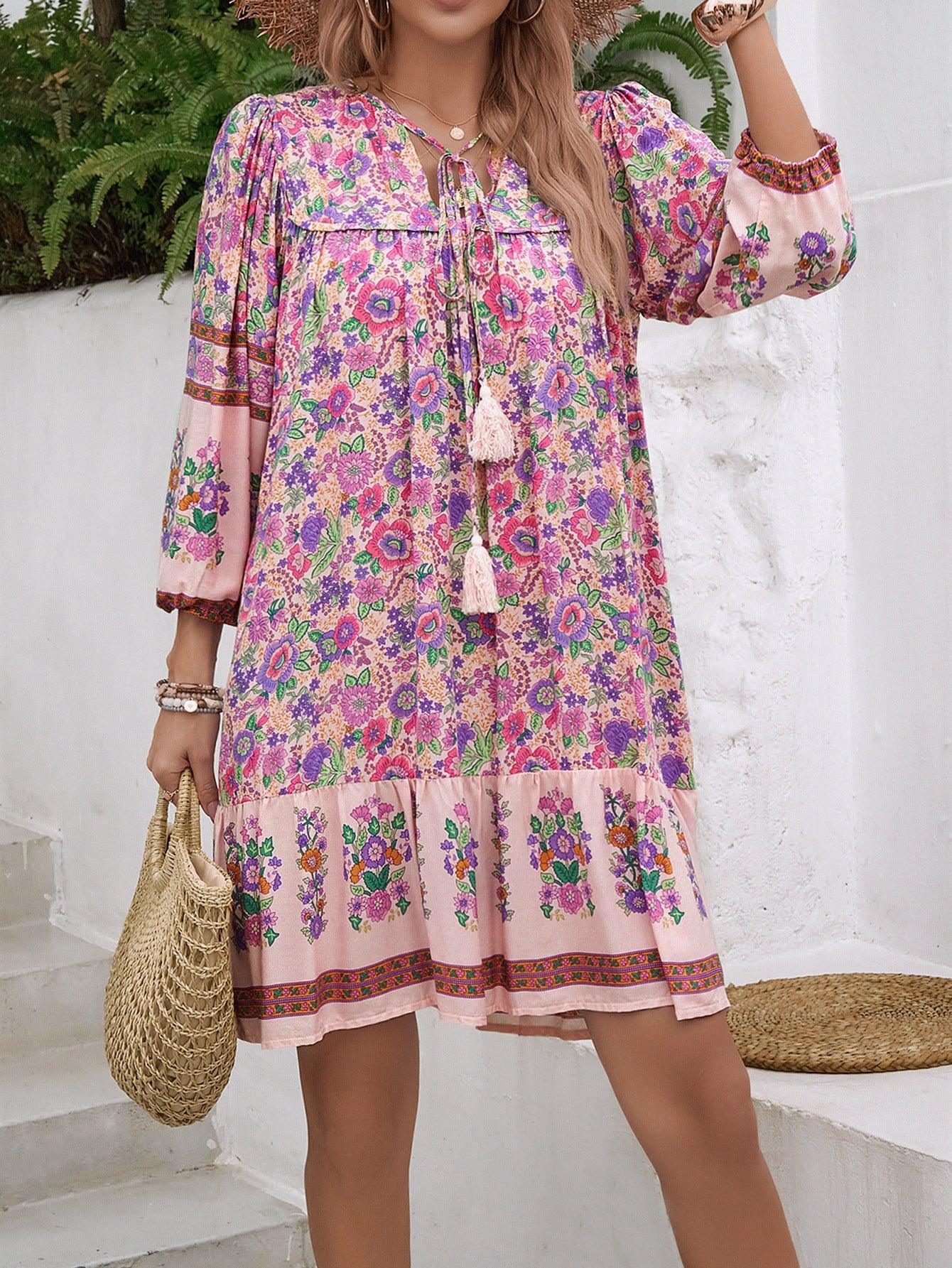 Floral Boho Mini Summer Dress with Tassels