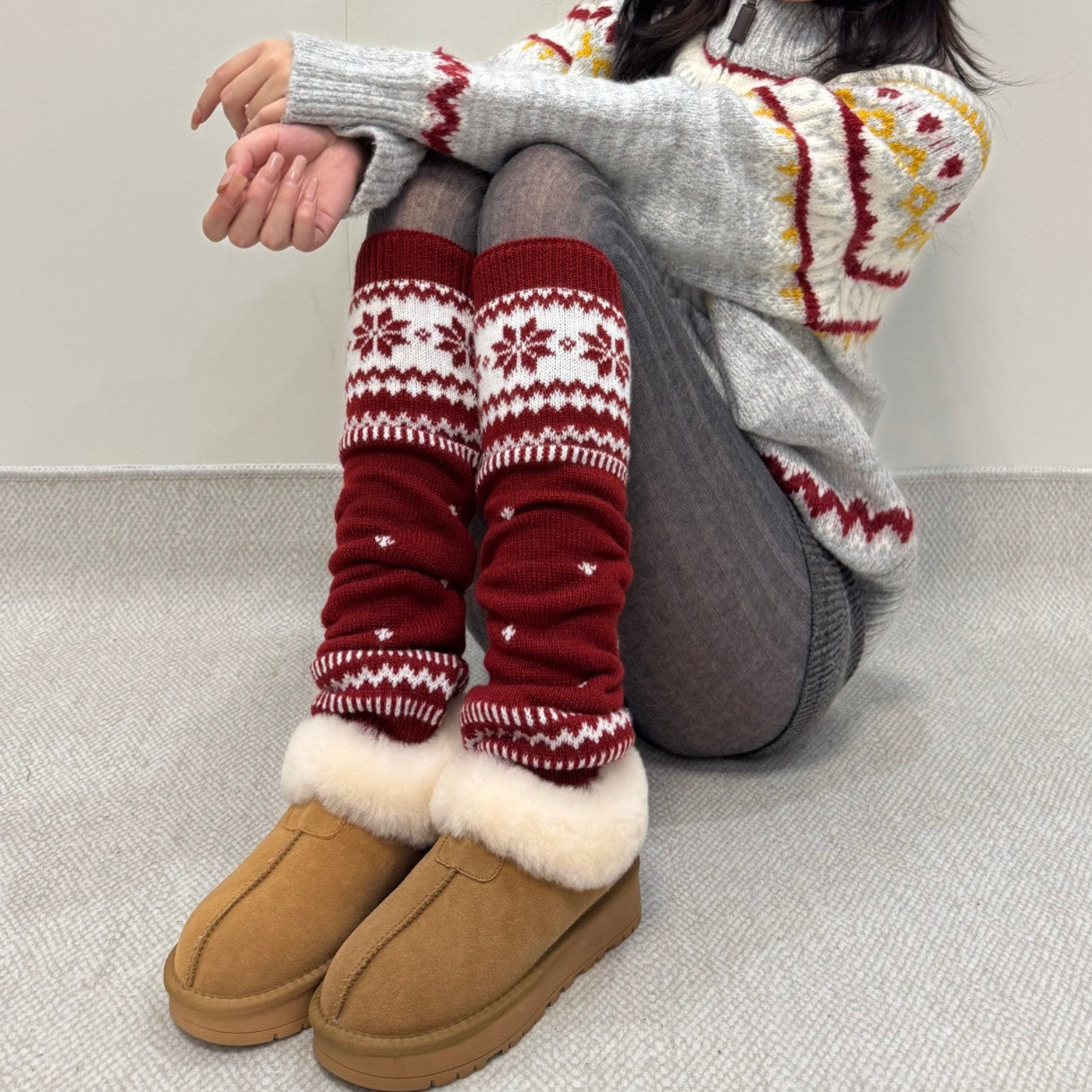 Snowflake Red Knit Warm Slouchy Leg Warmers