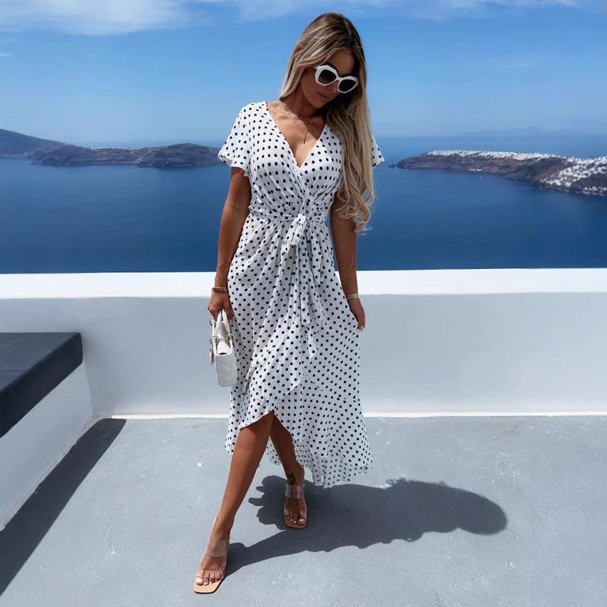 Polka Dot Print Surplice V-Neck Flutter Sleeve Asymmetrical Ruffle Hem Wrap Midi Dress
