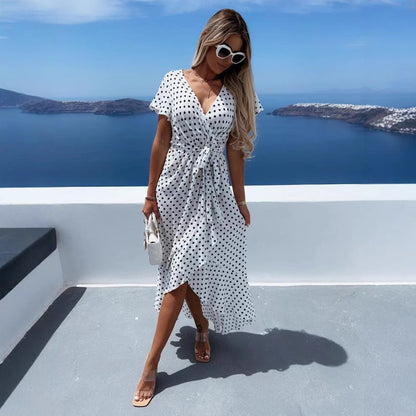 Polka Dot Print Surplice V-Neck Flutter Sleeve Asymmetrical Ruffle Hem Wrap Midi Dress