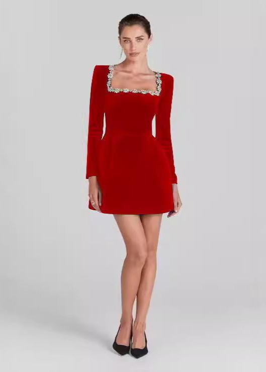 Crystal Floral Embellished Square Neck Velvet Long Sleeve Fit and Flare Mini Dress