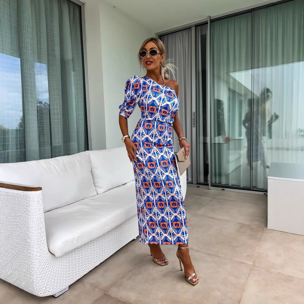 One Shoulder Puff Sleeve Ikat Geometric Print Maxi Dress