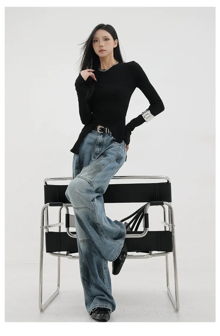 Vintage Distressed And Dirt-Dyed Patchwork Wide-Leg Jeans