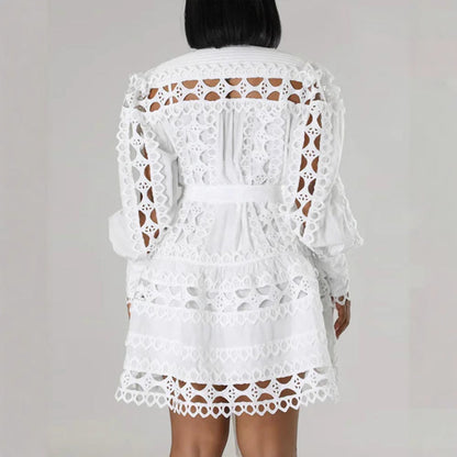 Lace Stitching Hollow Out Cutout Long Shirt Dress
