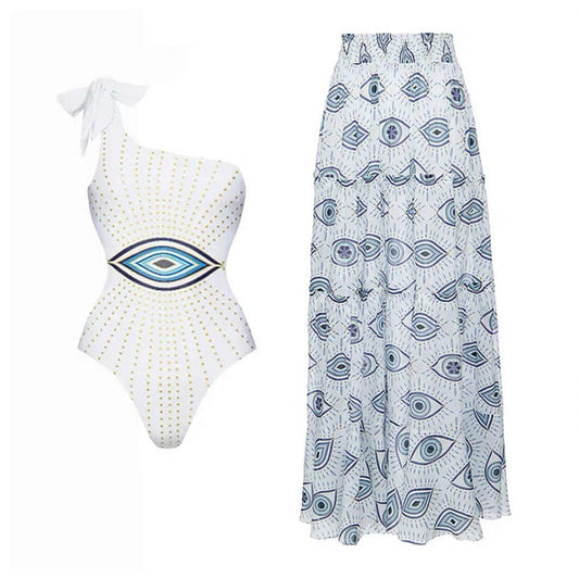 One Pieces Conservative Cover Belly Backless Swimsuit Chiffon Beach Dress