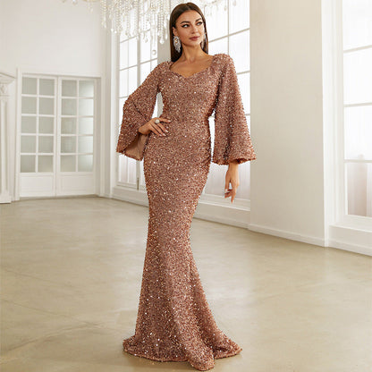 Elegant Sequ Toast Dress Mid Length Slimming Solid Color V neck Evening