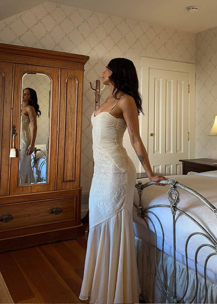 Lace Panel Ruched Sweetheart Spaghetti Strap Mermaid Ruffle Hem Maxi Gown