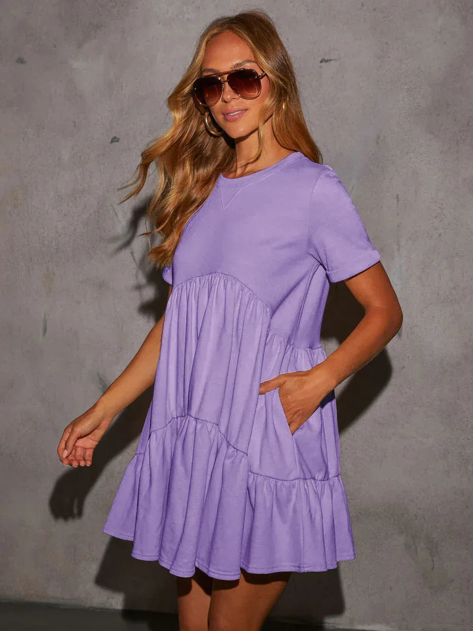 Cute Short Sleeve Lilac Tiered Mini Dress
