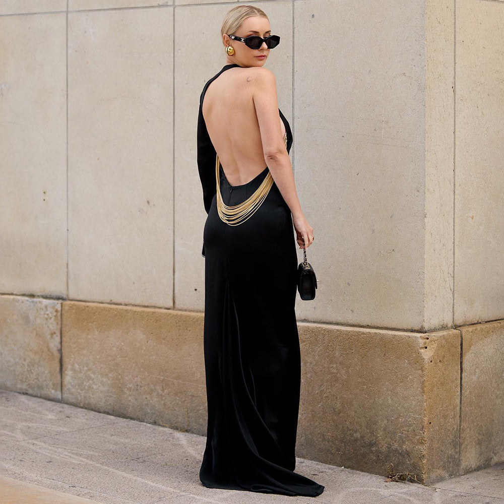 Black One Shoulder Backless Snake Bone Chain Maxi Dress Dress