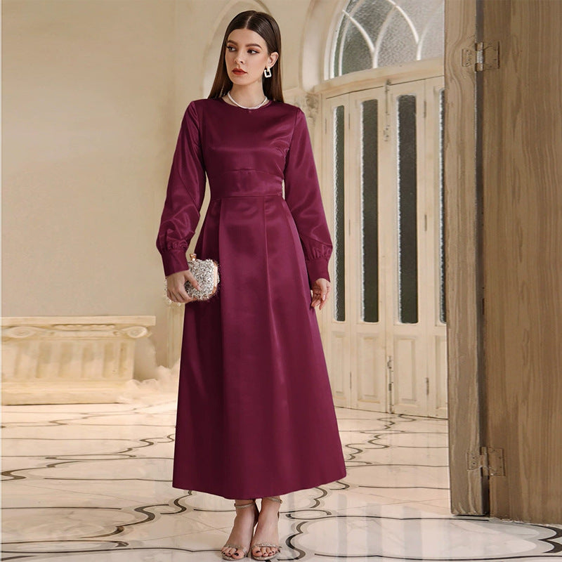 Round Neck Long Sleeve Satin A-Line Maxi Dress
